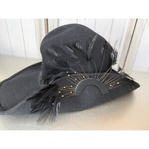 Vintage Geo W. Bollman Black Felt Ladies Hat w/ Feathers Doeskin 100% Wool USA